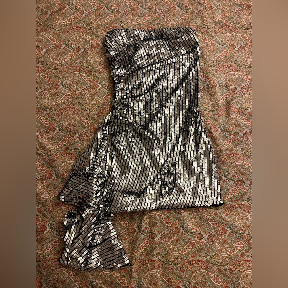 Silver Sequin Discoball Mini Dress with Mini Ruffle Train, Cider Size XS